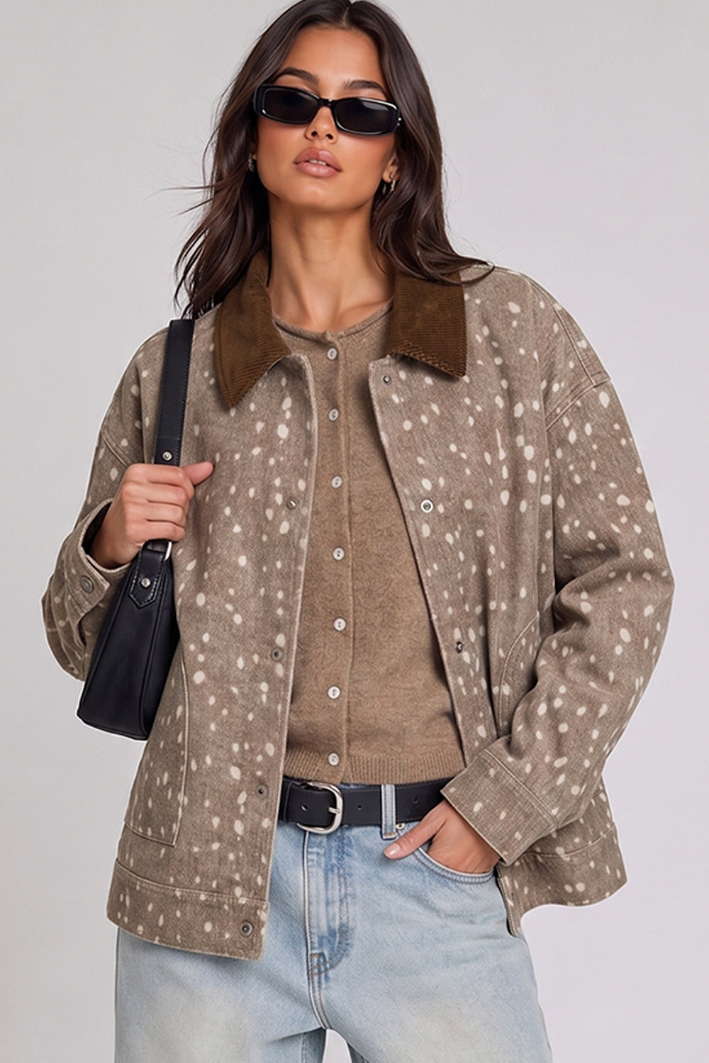 Animal Print Corduroy Collar Jacket Mocha Bambi