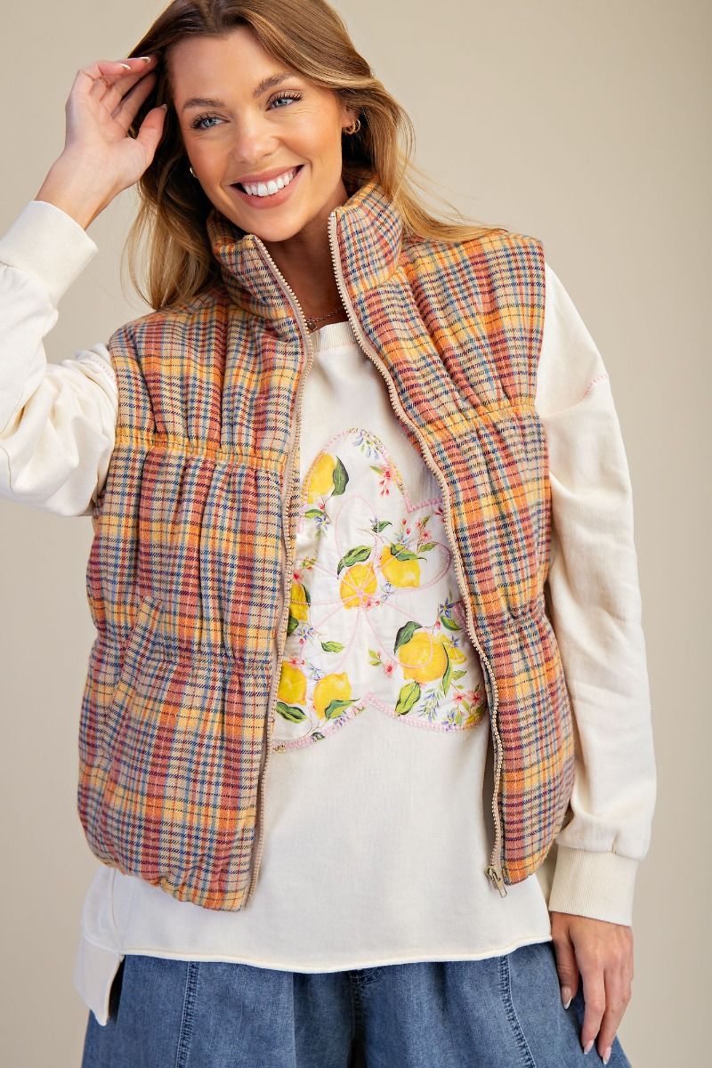 Plaid Scrunch Detail Vest Coral Blue