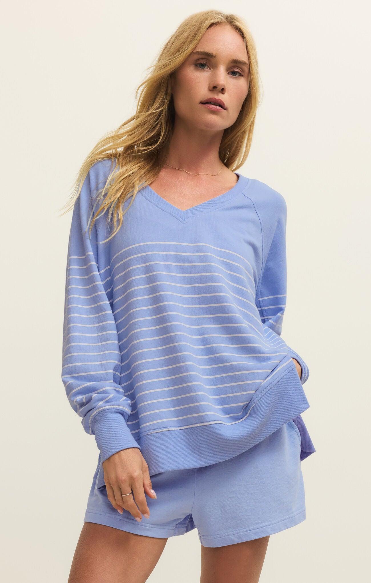 Weekender Stripe Vneck Top Barcelona Blue