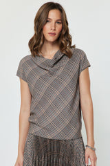 Houndstooth Solid Knit Back Short Sleeve Top Multi
