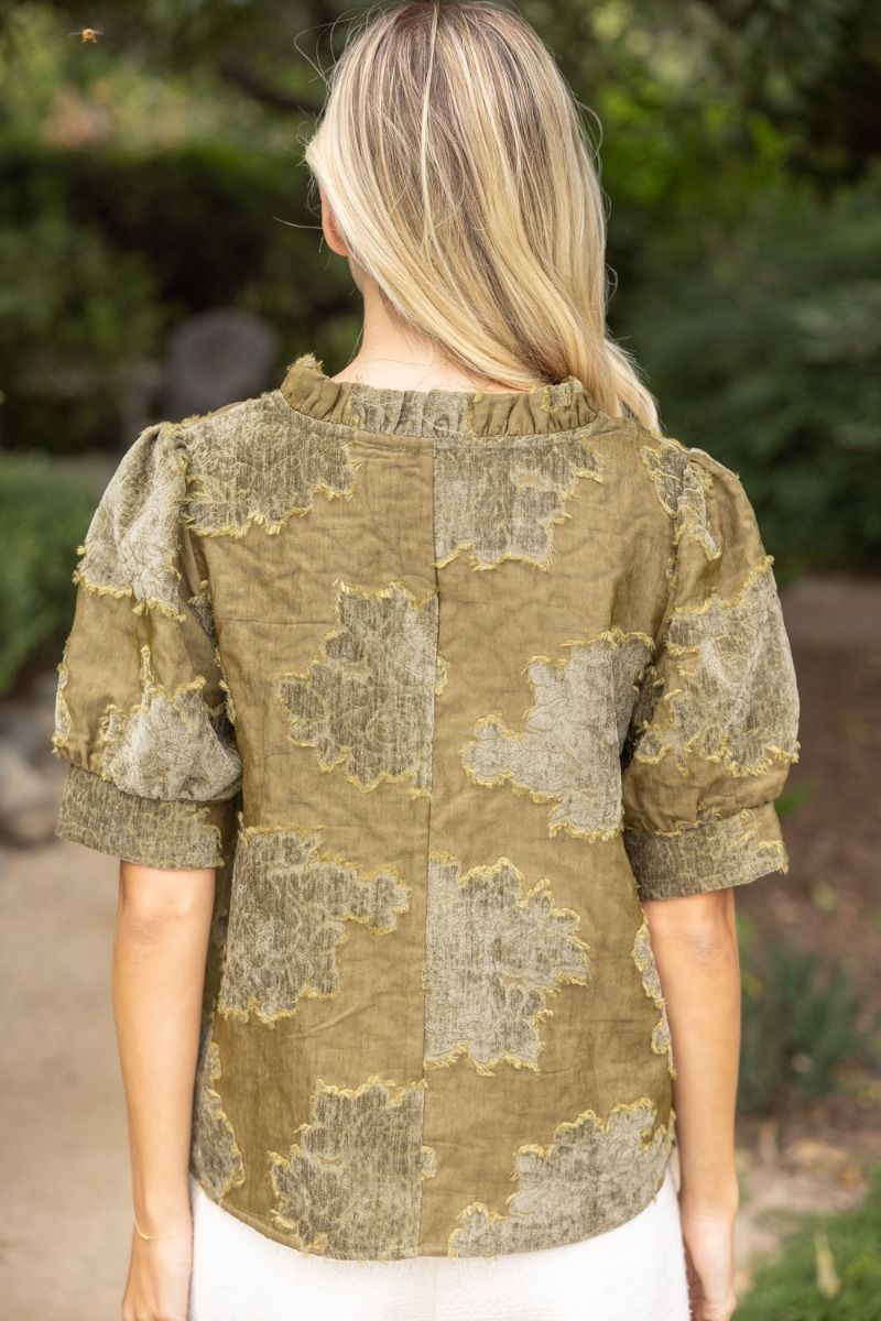Ruffle Vneck Vintage Burnout Velvet Top Olive