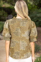 Ruffle Vneck Vintage Burnout Velvet Top Olive