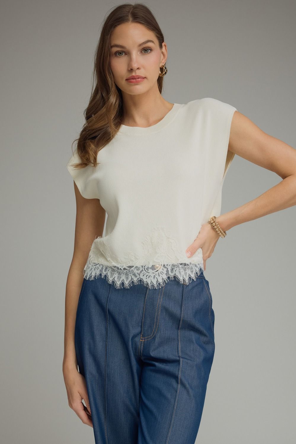 Cap Sleeve Knit Lace Hem Top Cream