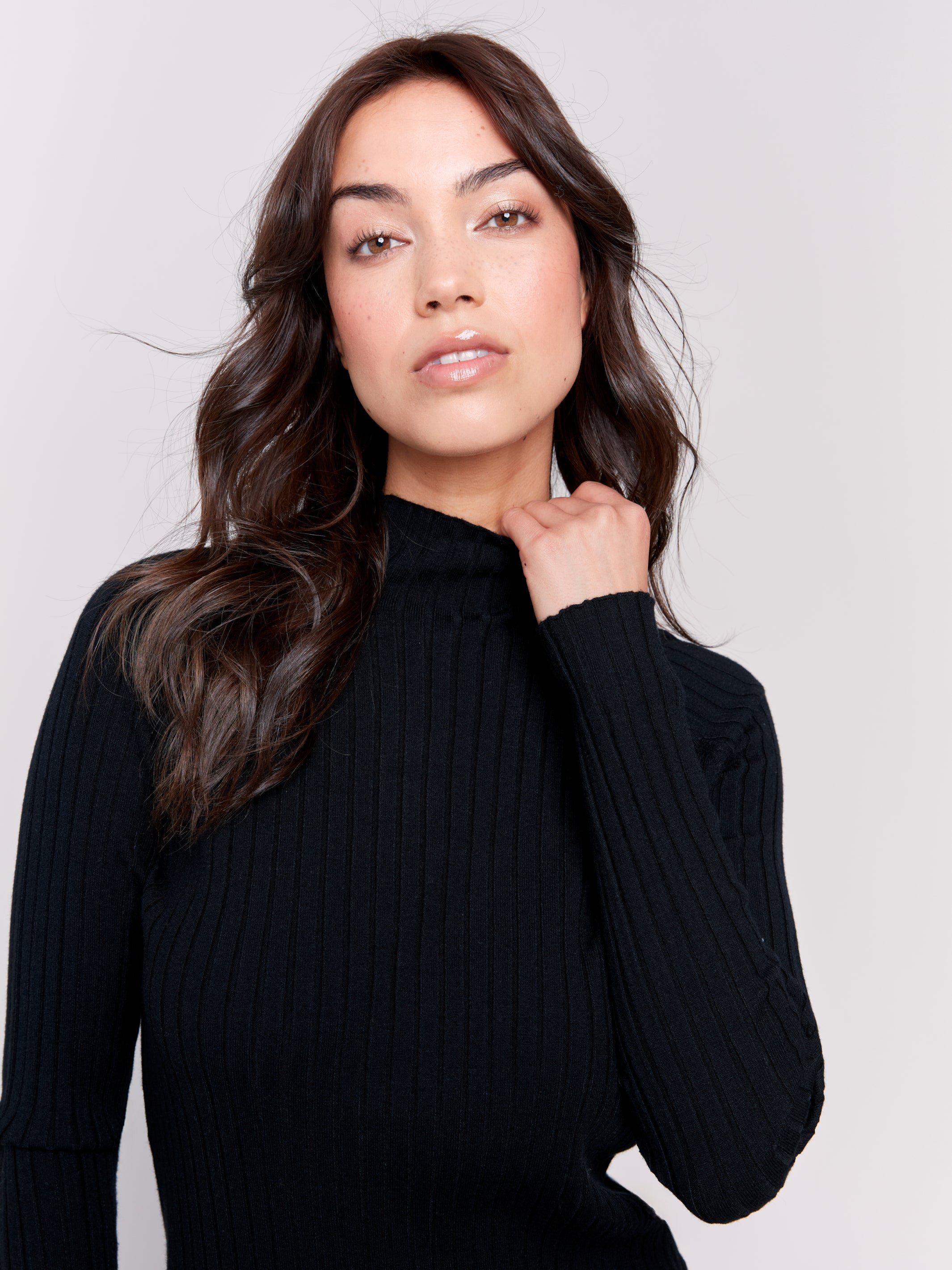 Basic Ribbed Mock Neck Sweater Top Black