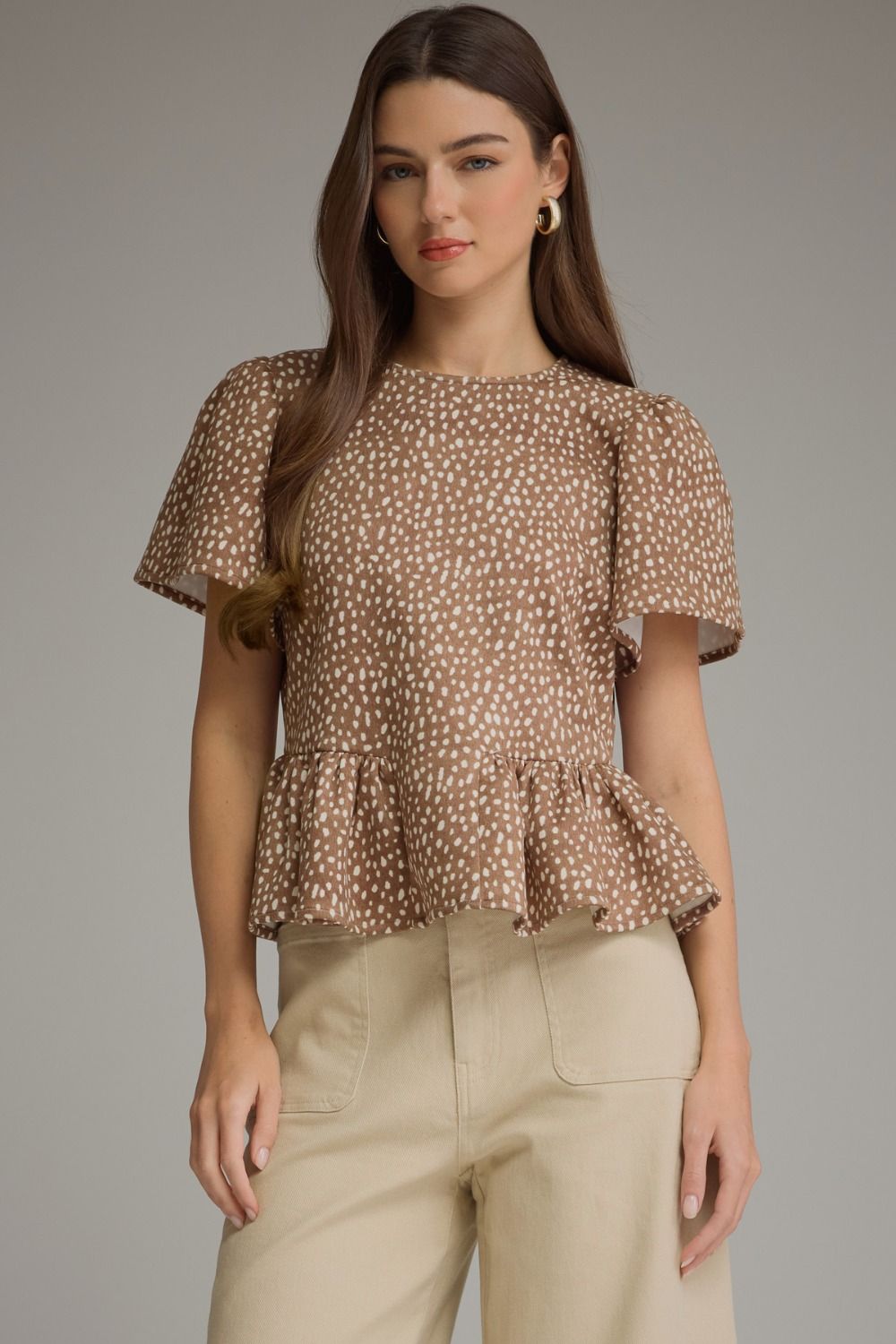 Ruffle Hem Fawn Print Short Sleeve Top Brown Ecru