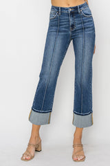 Front Seam High Rise Cuffed Straight Jeans Dark