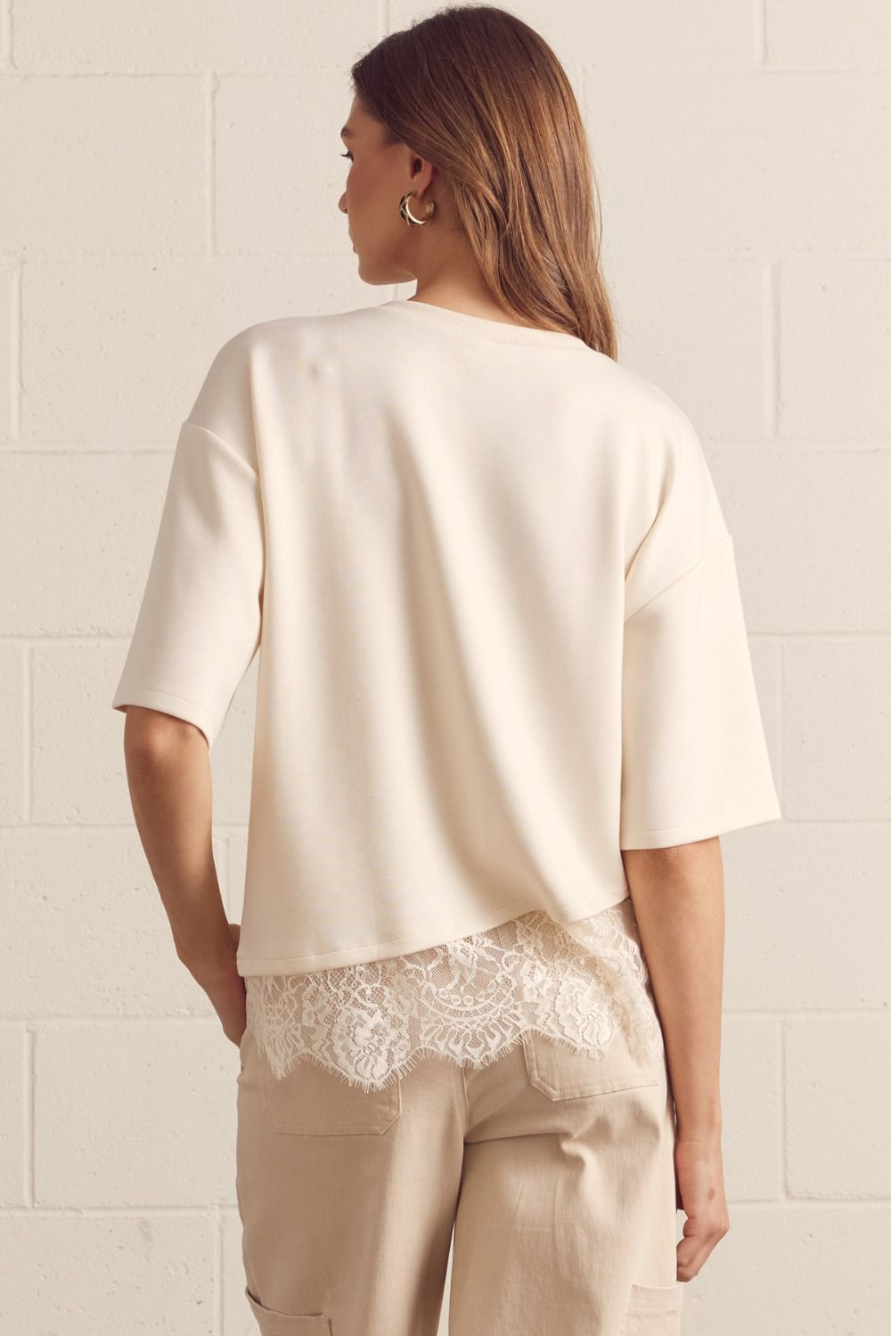 Asymmetric Lace Hem Boxy Short Sleeve Top Ecru