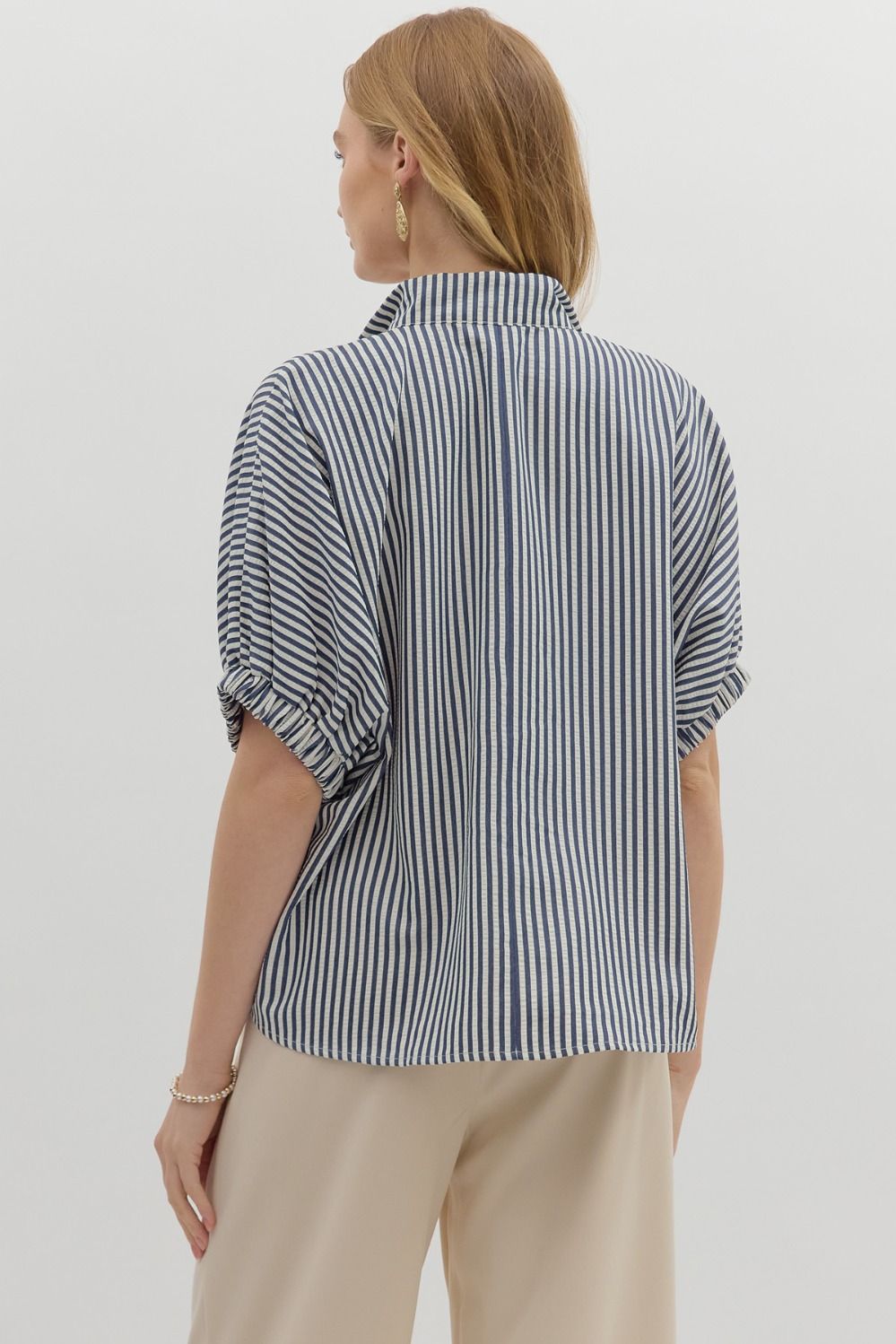 Stripe Pattern High Neck Band Detail Top Black