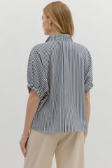 Stripe Pattern High Neck Band Detail Top Black