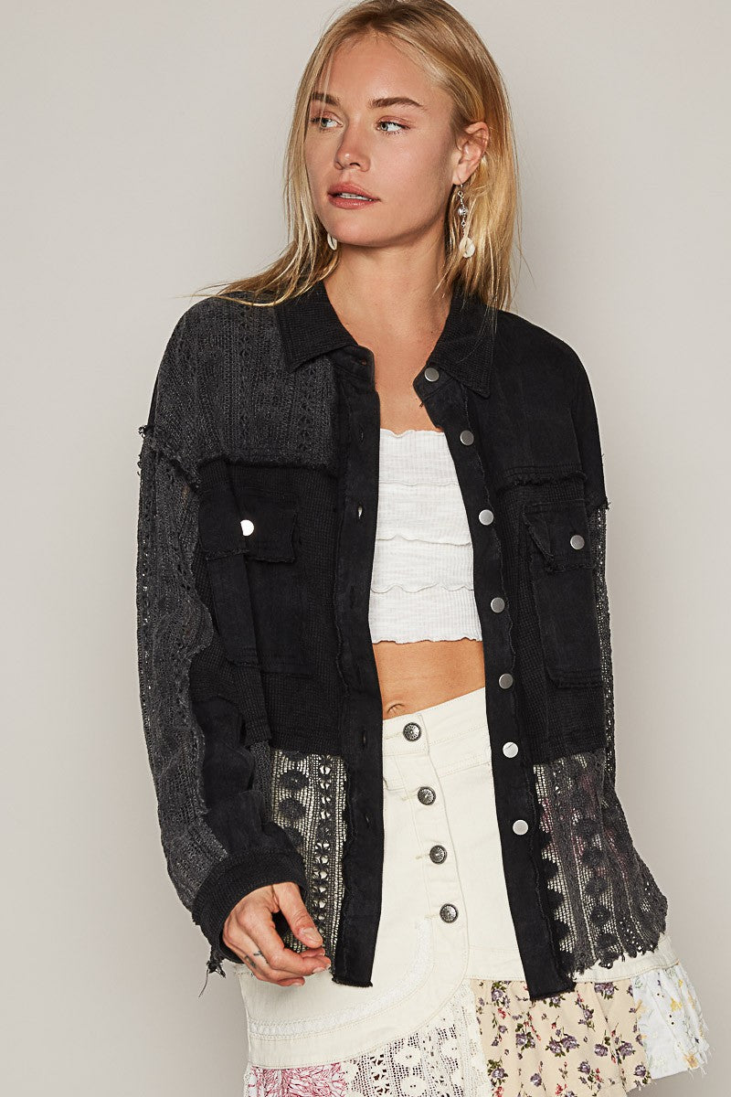 Oversize Crochet Lace Contrast Button Down Jacket Black
