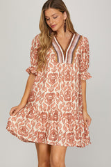Damask Boho Print Ruffle Detail Dress Rose