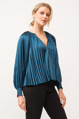 Deletta Pleated Satin Ruched Cuff Blouse Deep Teal