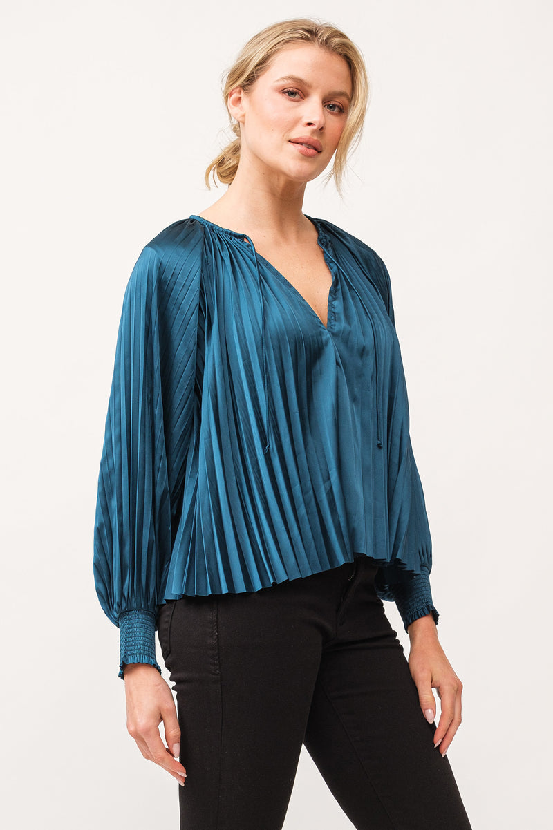 Deletta Pleated Satin Ruched Cuff Blouse Deep Teal