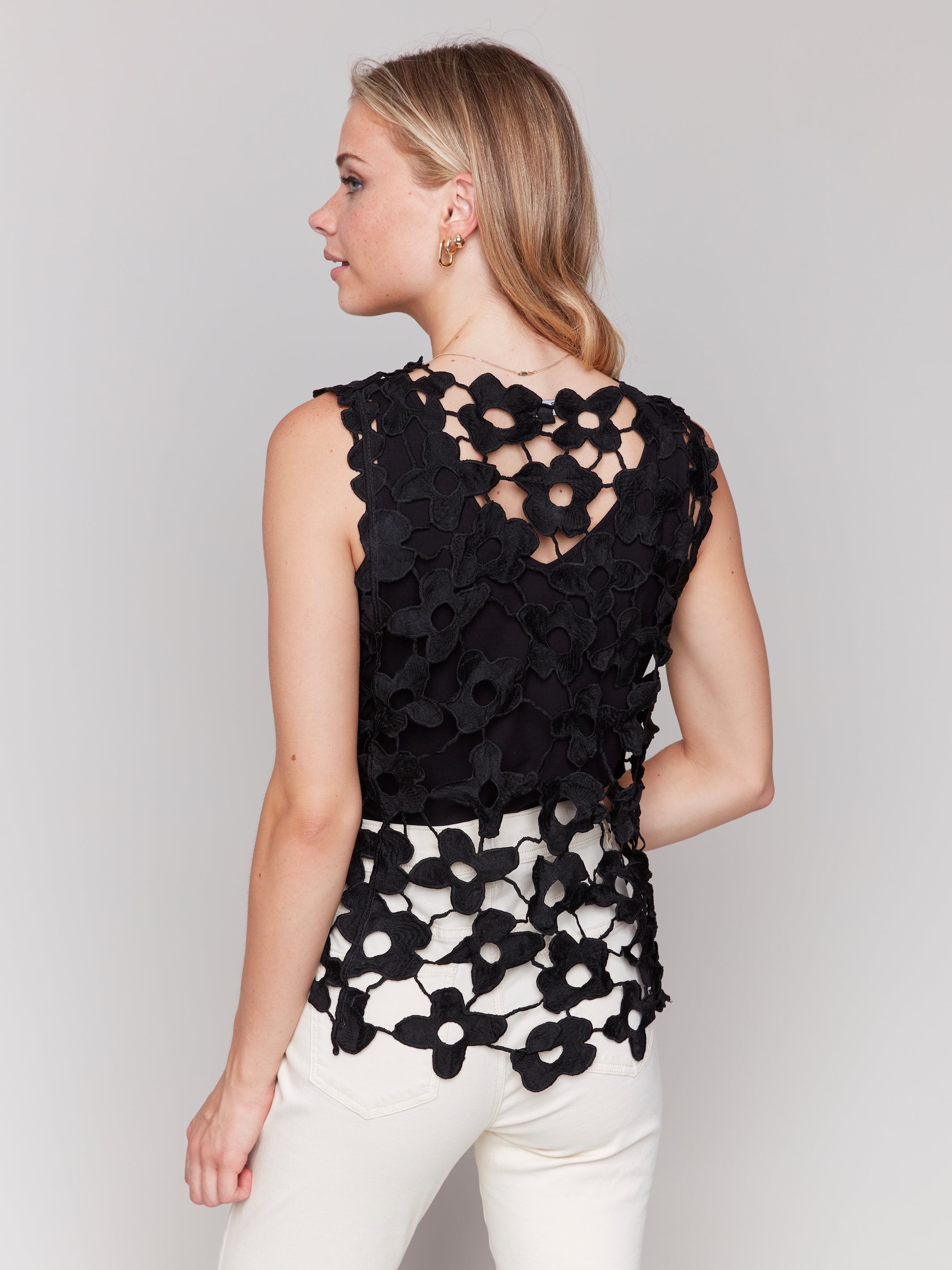 Mod Floral Open Crochet Popover Tank Black