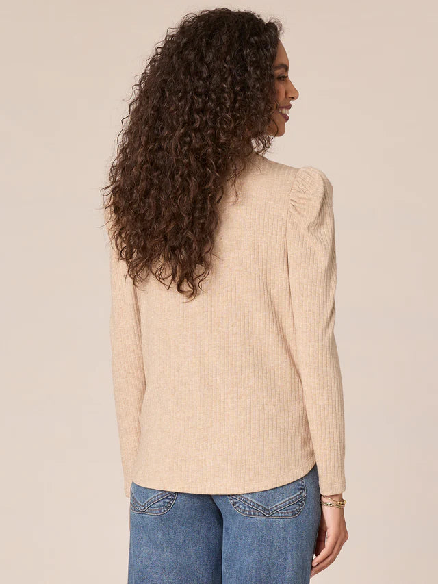 Puff Shoulder Long Sleeve Shirtail Hem Top Heather Oatmeal