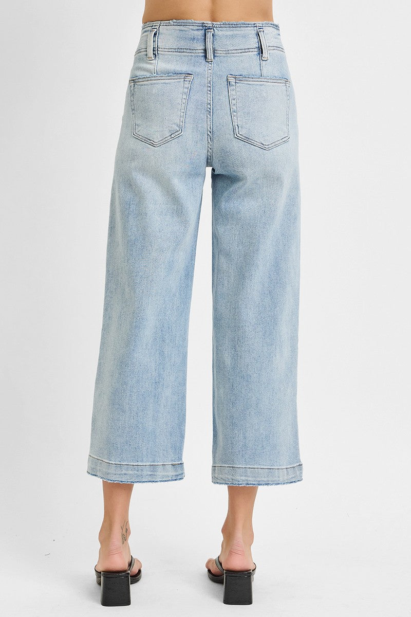 High Rise Crop Wide Leg Front Seam Detail Jeans Light