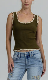 Contrast Lettuce Trim Tank Olive Green