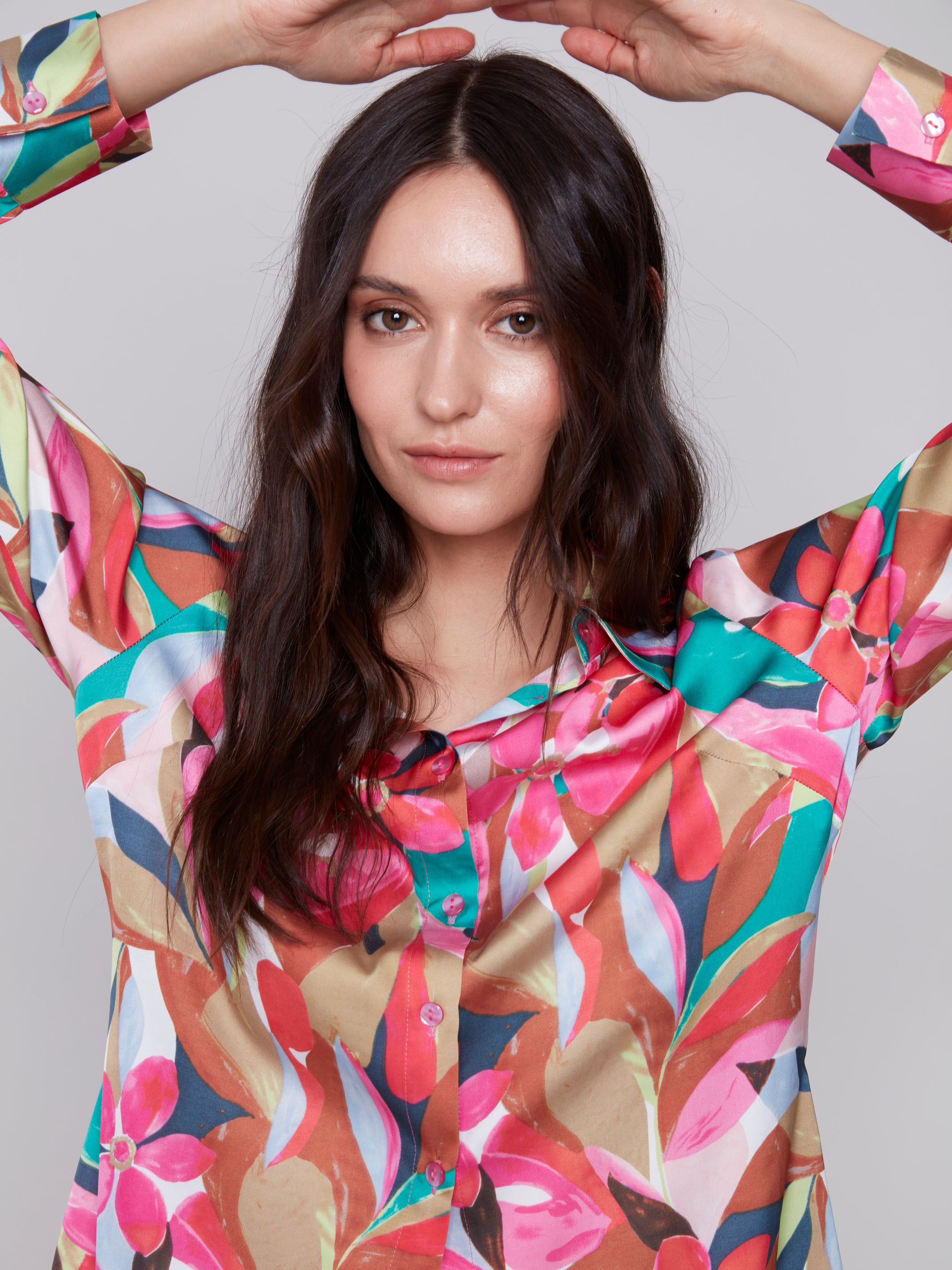 Printed Satin Button Down Shirt Flora