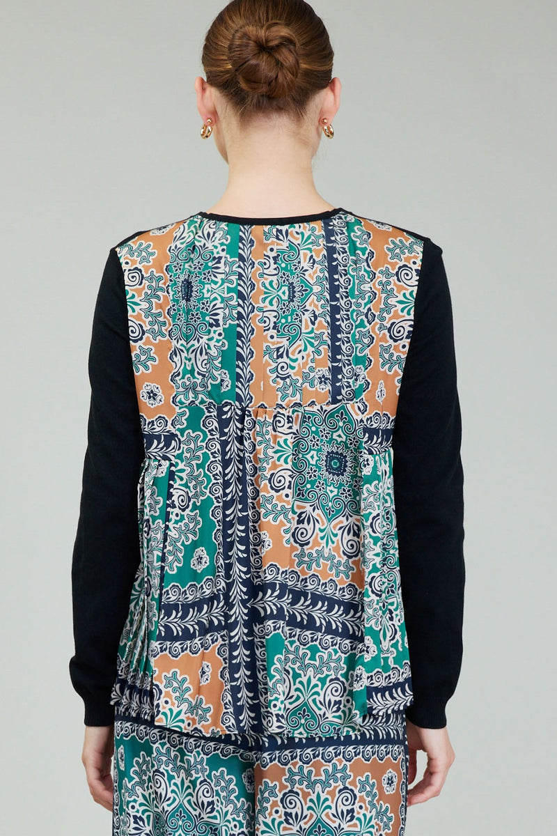 Pleated Print Back Sweater Top Green Multi