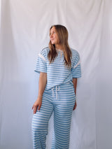 Cloudy Knit Stripe Half Sleeve Top Ocean