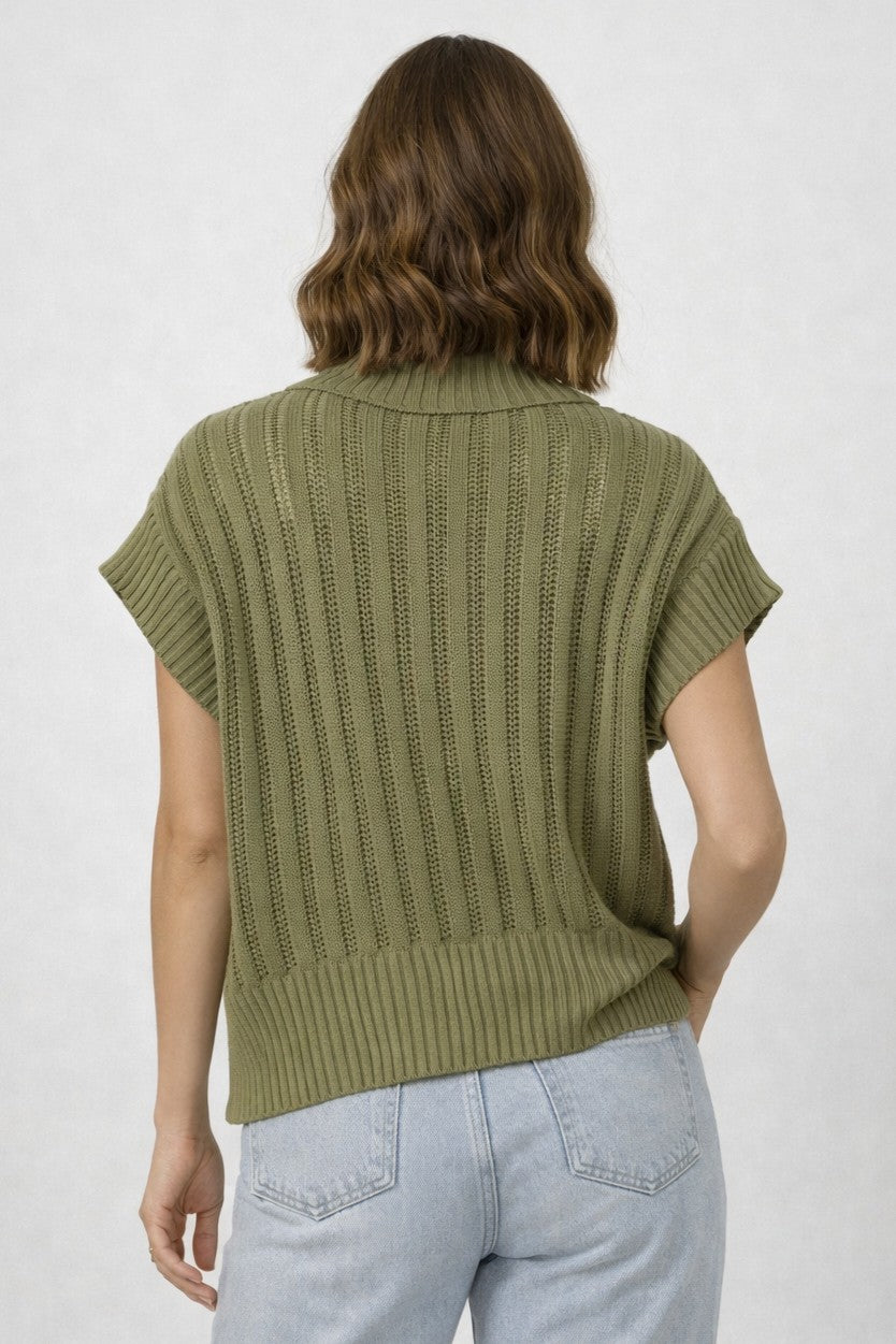 Open Knit 3/4 Zip Sweater Vest Green
