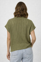Open Knit 3/4 Zip Sweater Vest Green
