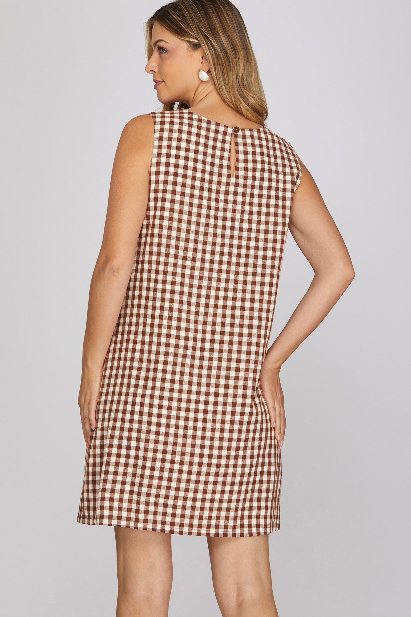 Gingham Checkered Round Neck Mini Dress Brown