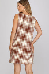 Gingham Checkered Round Neck Mini Dress Brown