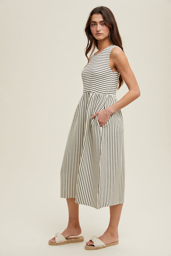 Sleeveless Striped Knit Midi Dress Black + Cream