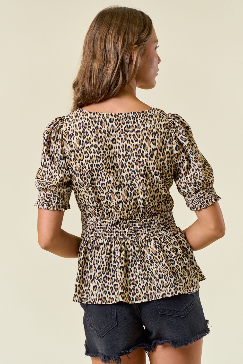 Animal Print Sweetheart Neckline Smocked Cuff Top Light Beige