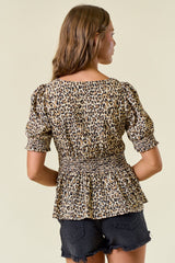 Animal Print Sweetheart Neckline Smocked Cuff Top Light Beige