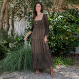 Embroidered Empire Mid Length Long Sleeve Dress Amber