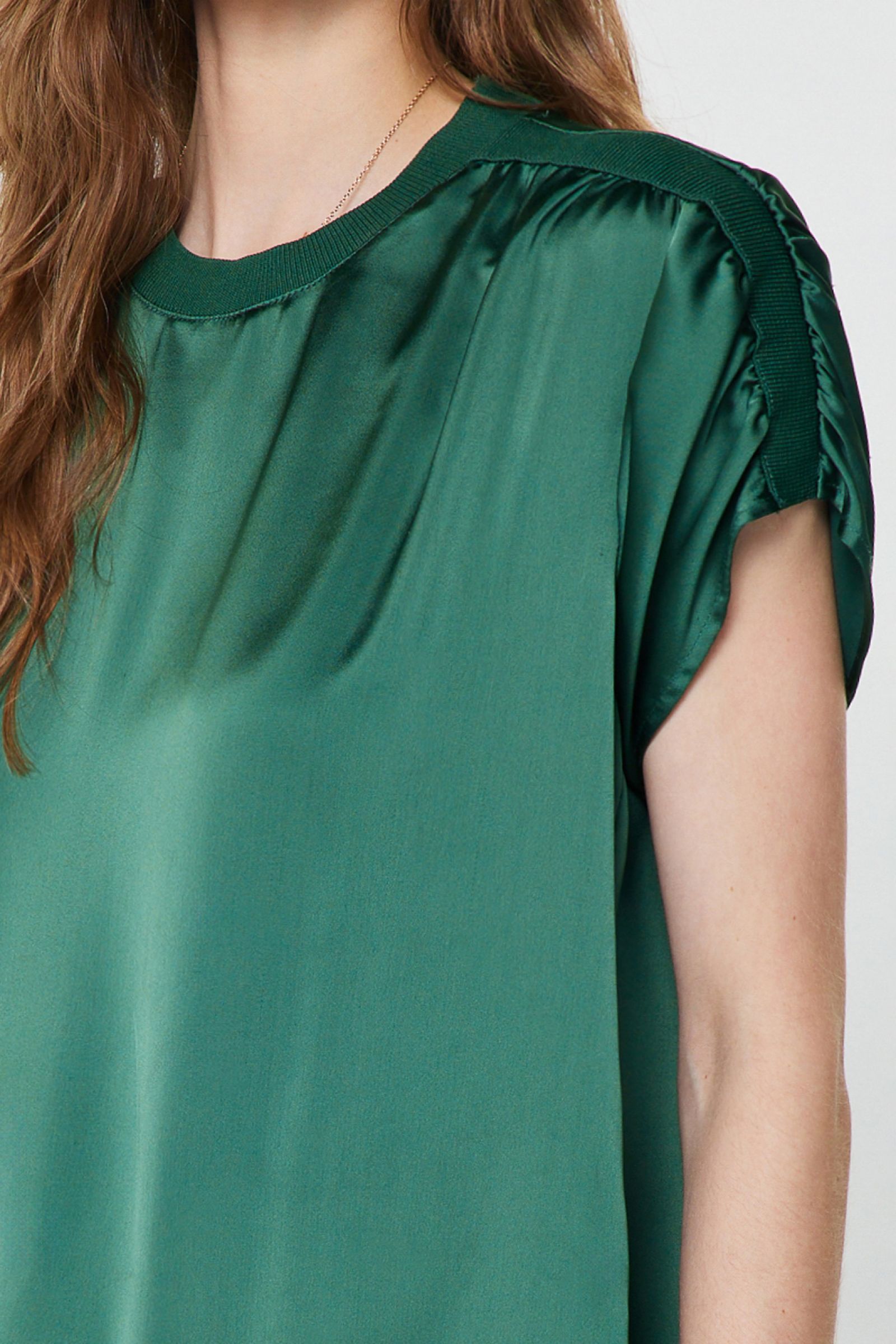 Gathered Shoulder Boxy Satin Top Cypress