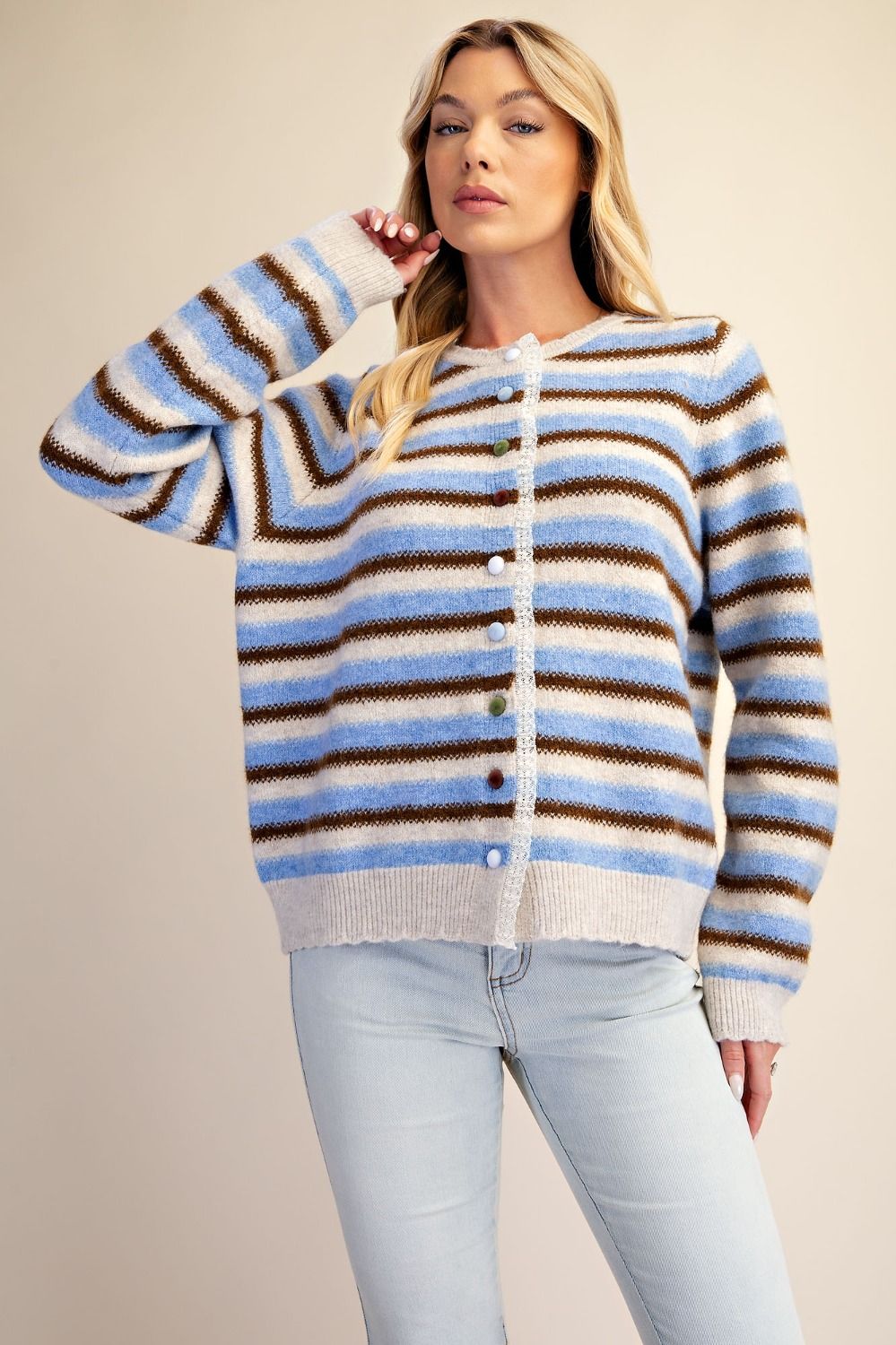 Multicolor Stripe Sweater Cardigan Khaki Blue