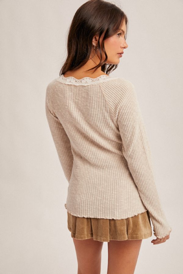 Brushed Rib Laced Trimmed Henley Top Soft Taupe