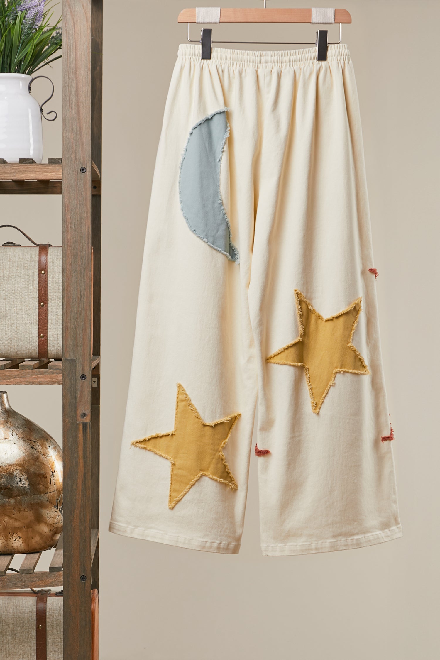 Sun Moon Star Patch Wide Leg Pants Cream
