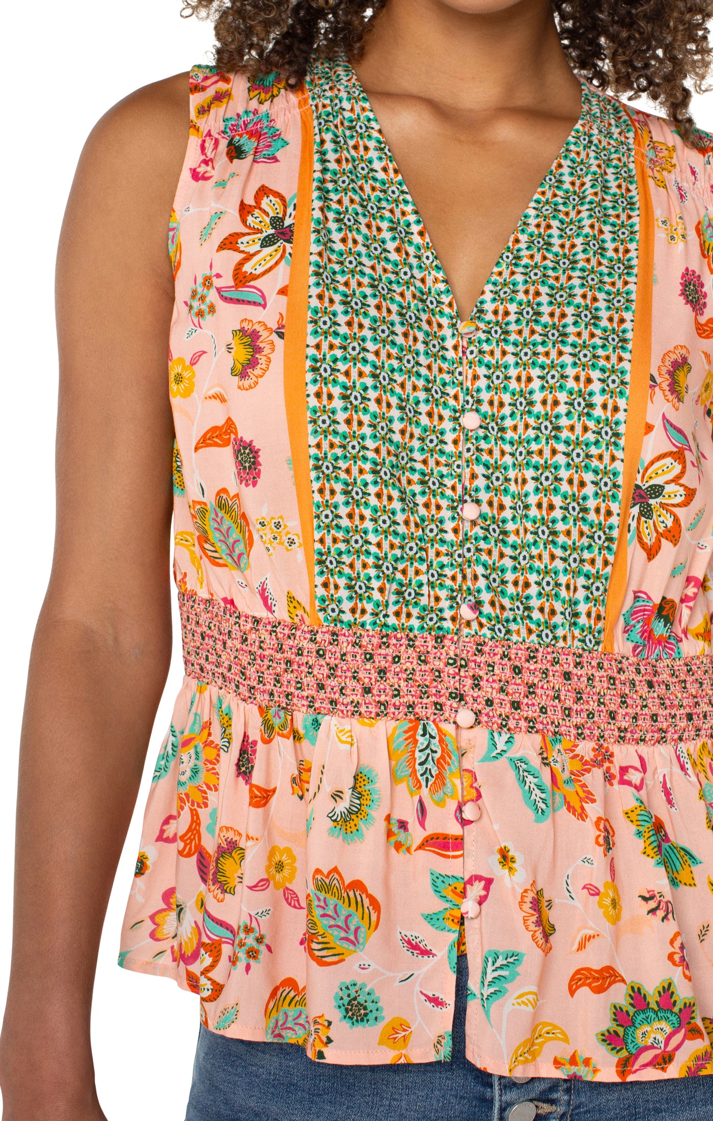 Mixed Print Smocked Waist Tank Pink Green Multi Floral