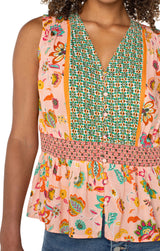 Mixed Print Smocked Waist Tank Pink Green Multi Floral