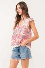 Viola Crochet Trim Henley Cap Sleeve Shirt Floral Medallion
