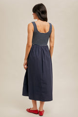 Mix Media Stripe Rib Midi Dress Navy