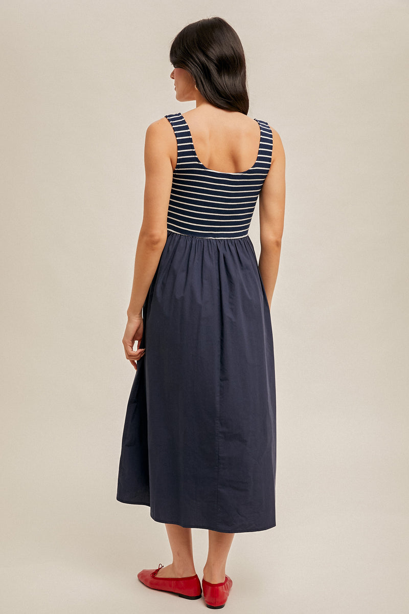 Mix Media Stripe Rib Midi Dress Navy