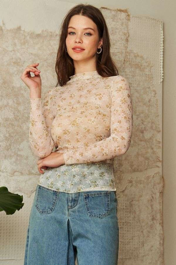 Turtleneck Floral Lace Mesh Bouchet Top Olive Sage