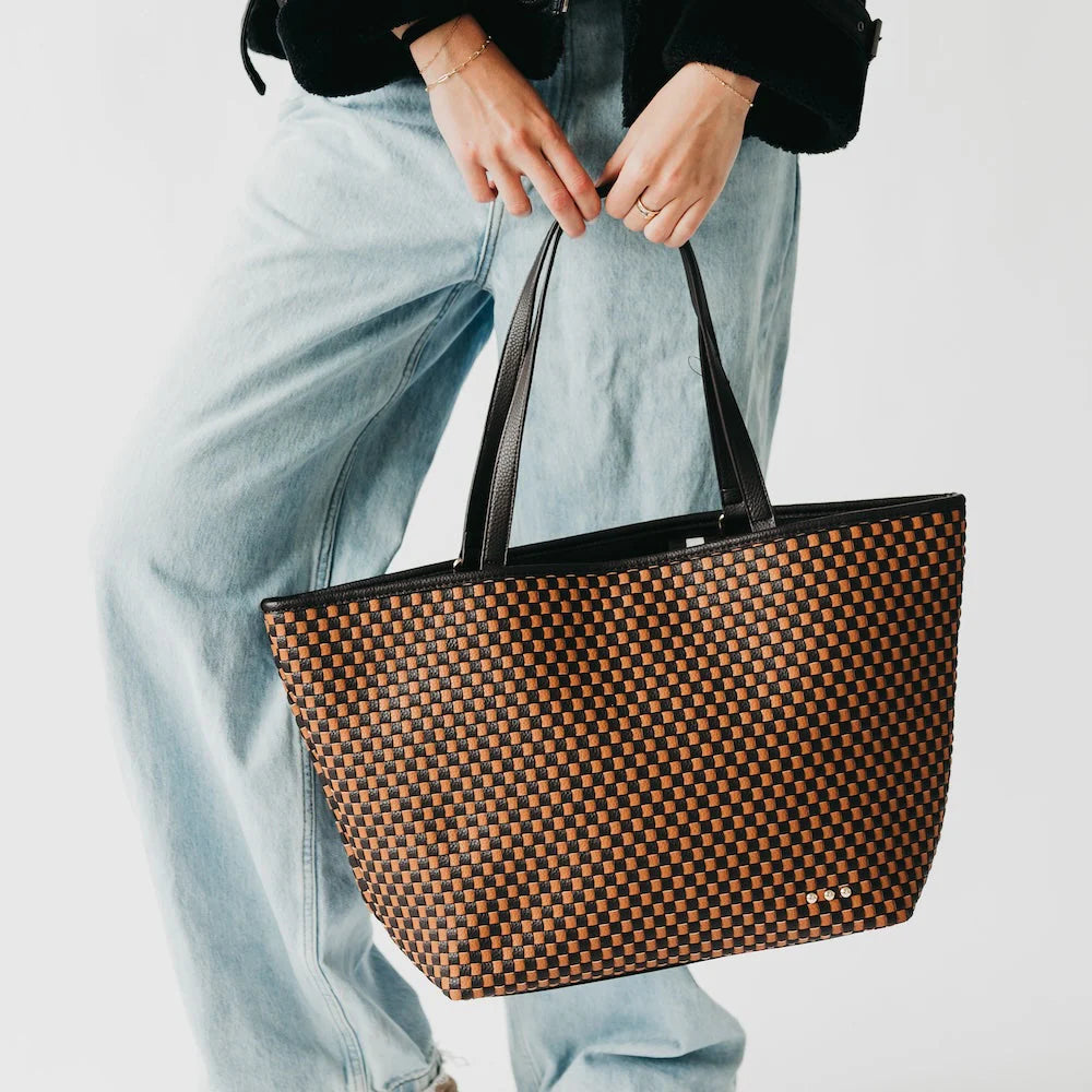 Woven Tiffany Organizer Tote Bag Checkered Coffee