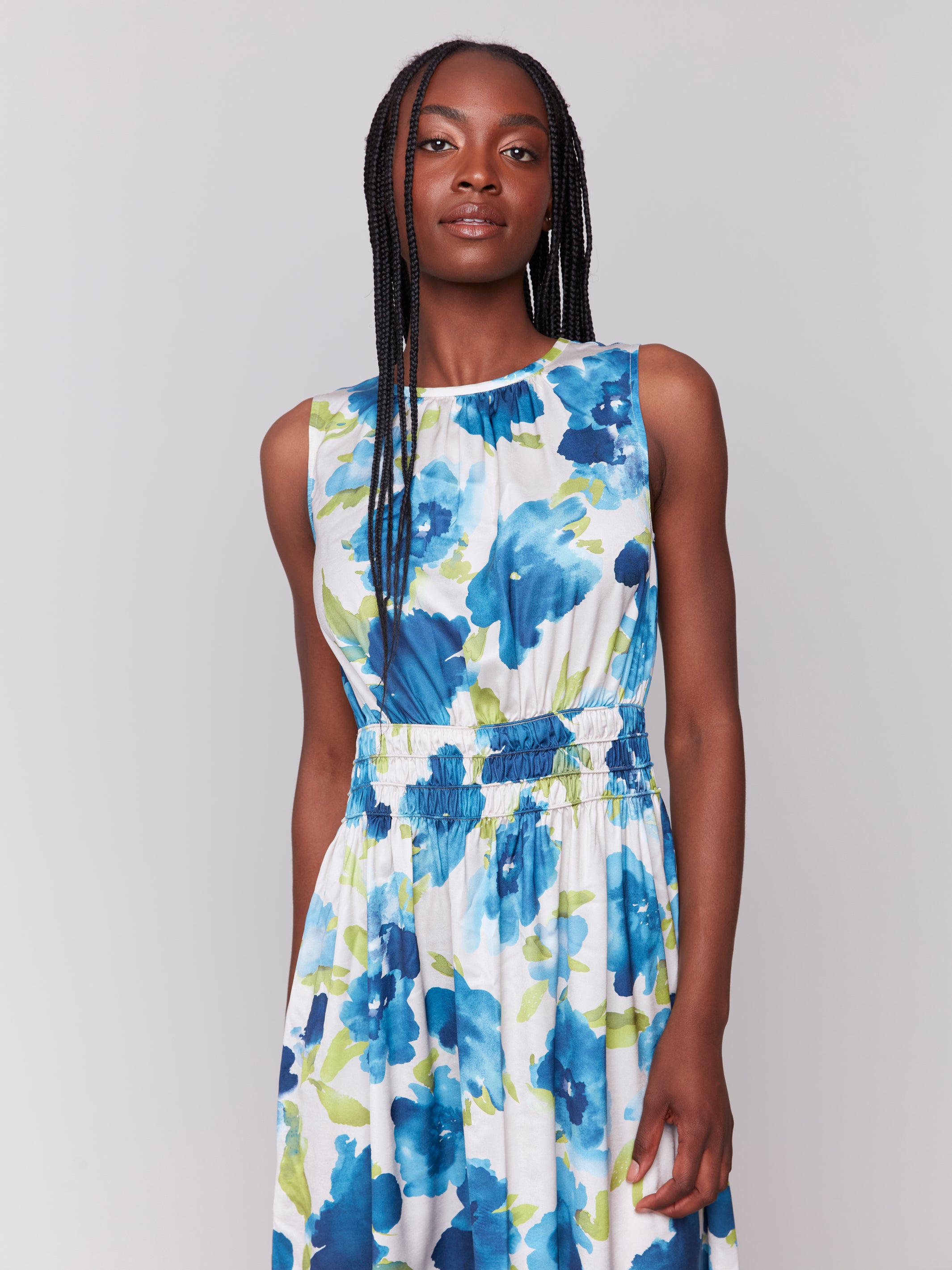 Smocked Waist Print Sleeveless Dress Lime