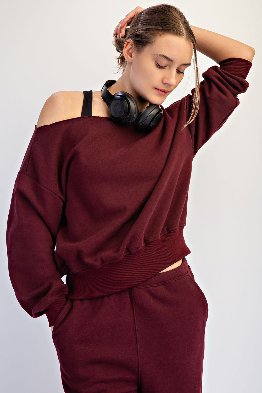 Raw Edge Off Shoulder Sweatshirt Dark Cherry