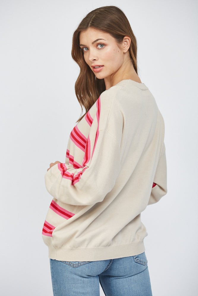 American Flag Motif Crew Neck Sweater Taupe