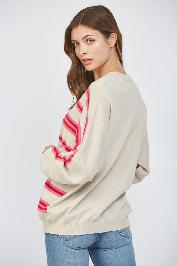 American Flag Motif Crew Neck Sweater Taupe