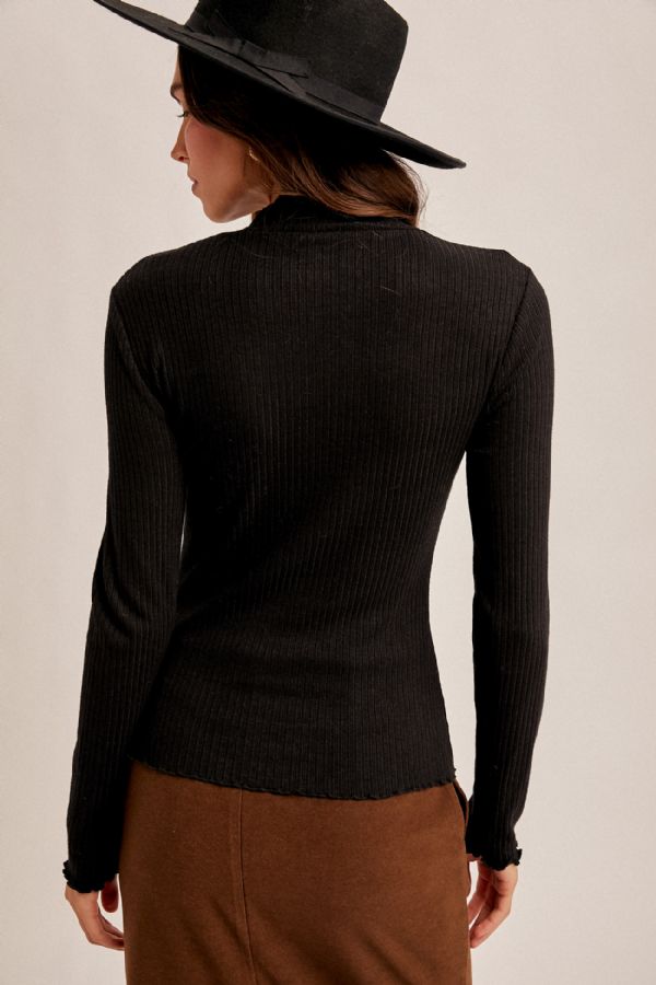 Lettuce Edge Ribbed Mock Neck Black