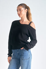 Off Shoulder Strappy Ribbed Sweater Black