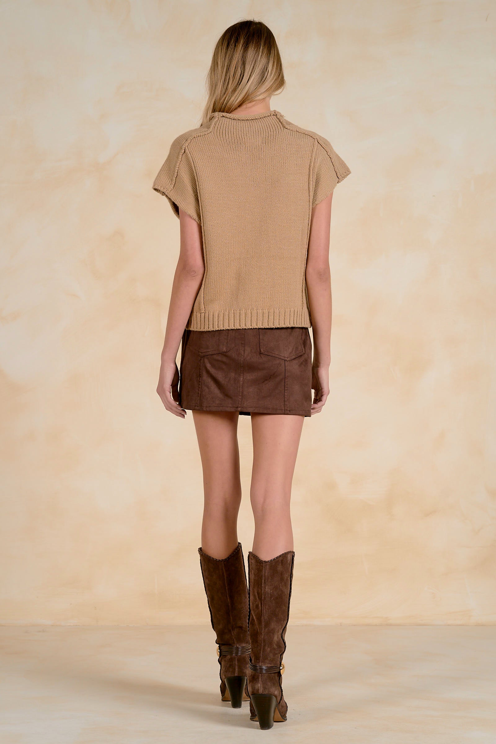 Exposed Seam Mock Neck Cap Sleeve Sweater Tan